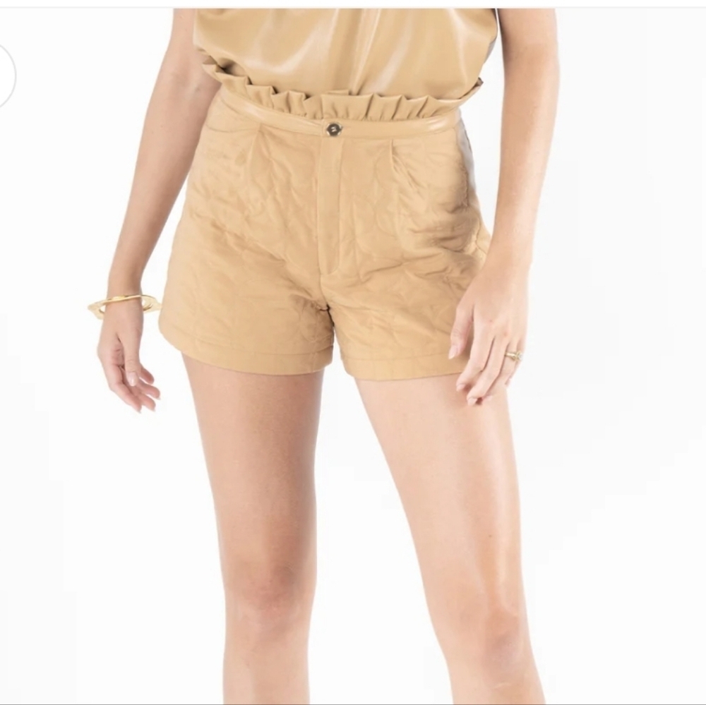 Emily McCarthy Quilted Vegan Leather Ruffle Short Tan Lark Size 10